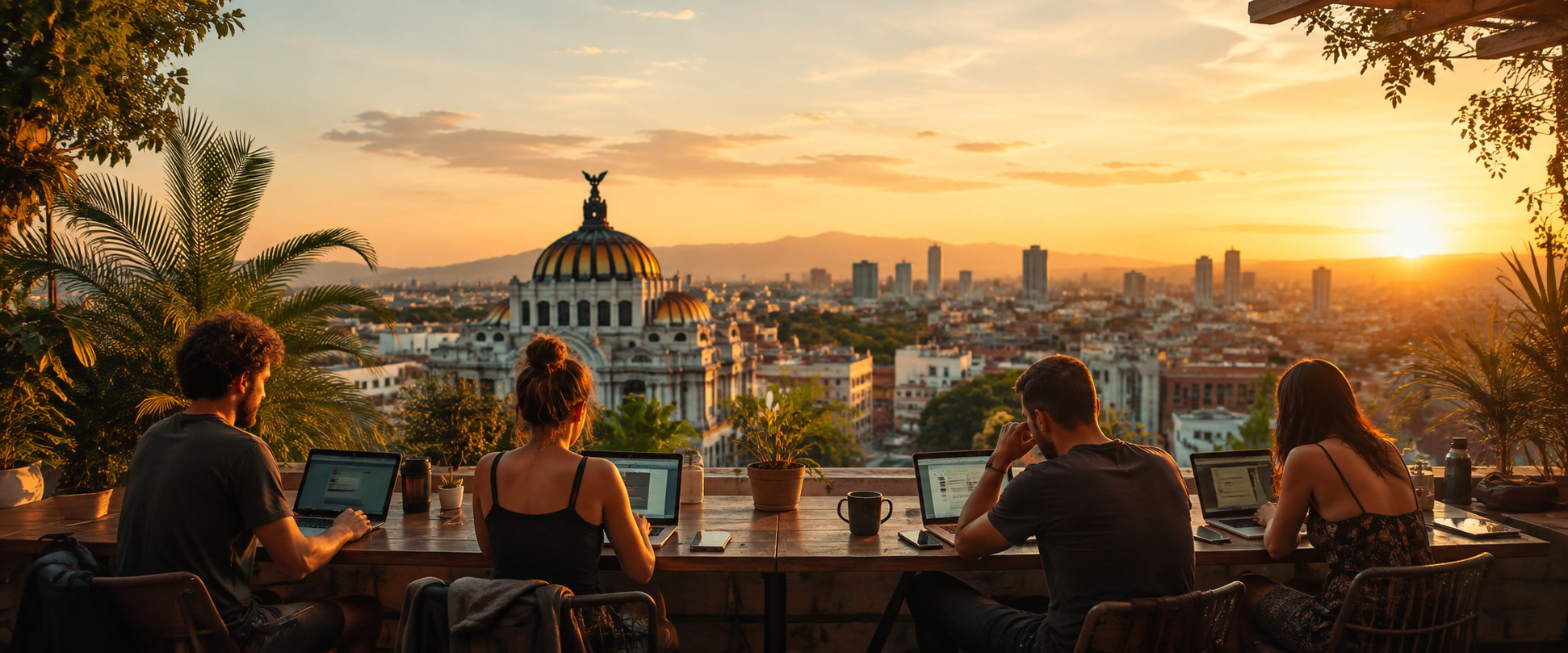 Nomads CDMX WhatsApp community coworking on a Mexico City rooftop near Palacio de Bellas Artes